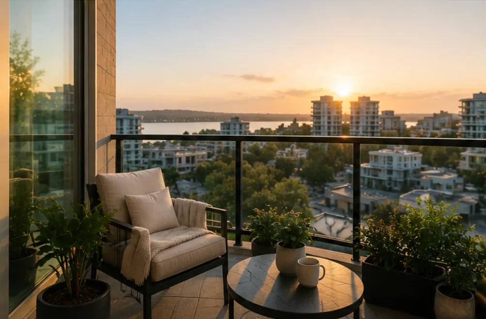 Condo balcony overlooking a neighbourhood at sunset